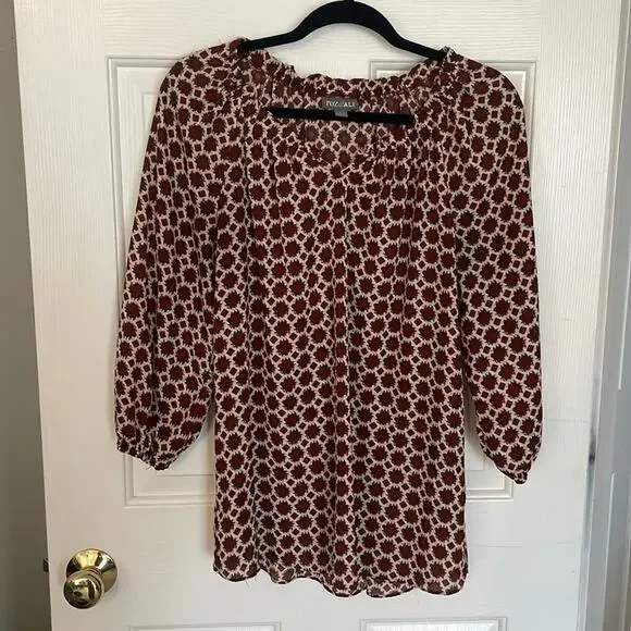 Roz & Ali Womens Blouse Large Geometric Diamond Red Cream 3/4 Length Sleeve - Picture 1 of 9